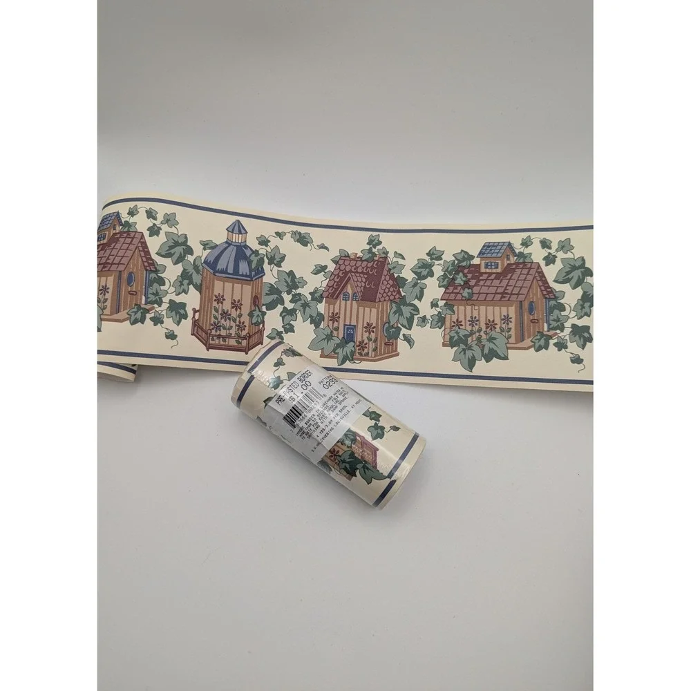 Vintage Country Cottage Birdhouse Ivy Pre Pasted Wallpaper Border Pattern 0293